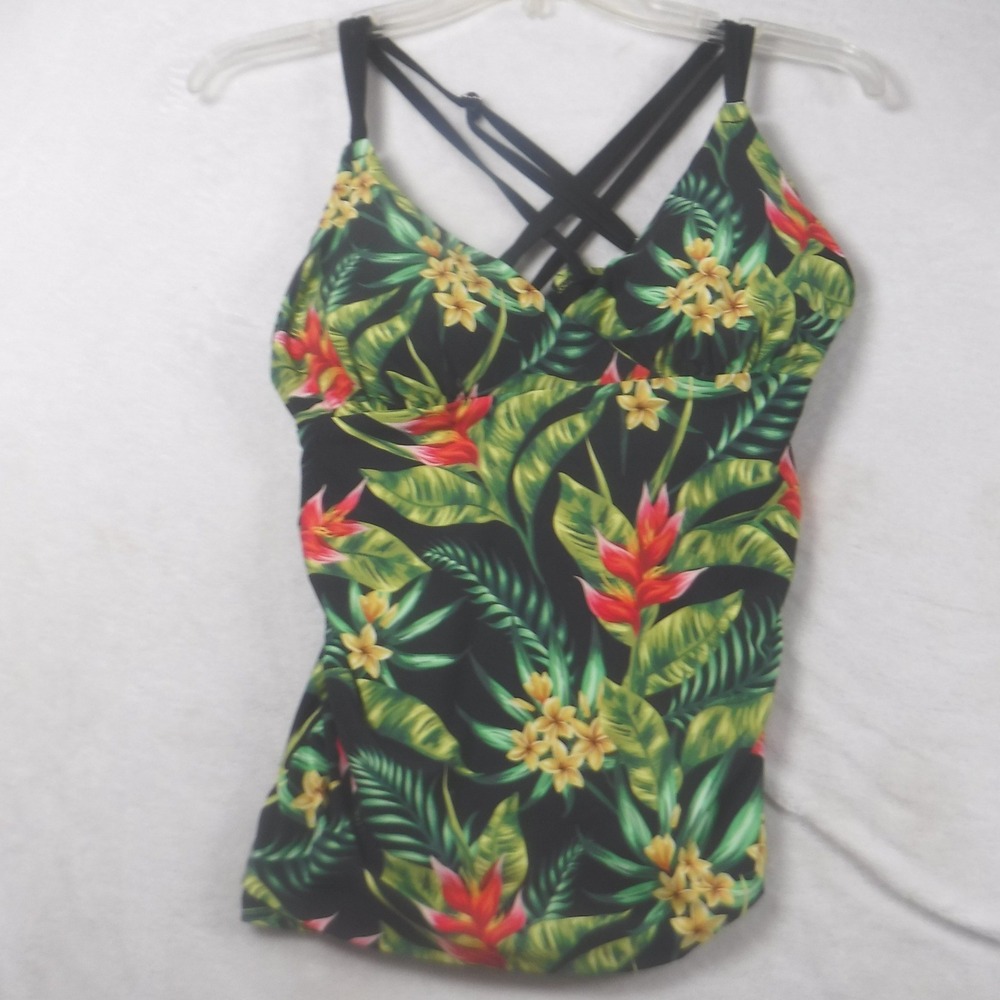 Calia by Carrie Underwood Tropical Floral Tankini Set Black Green Medium - Picture 2 of 13